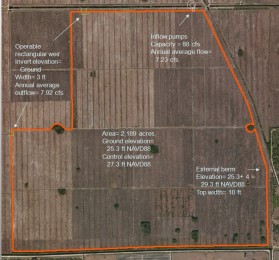 Aerial of the Berry Groves storage area with inflow pumps, operable weir, and external berm annotated