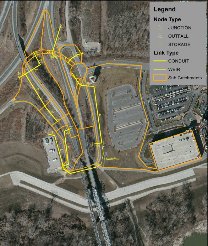 SWMM junctions, outfalls, storage, conduits, weirs, and subcatchments over aerial imagery