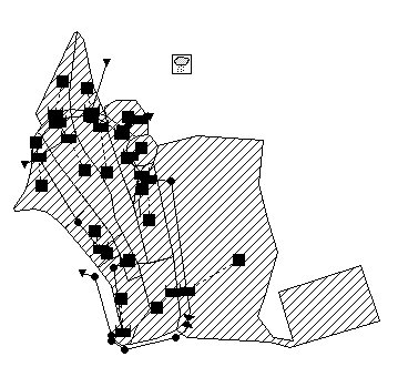 SWMM model schematic of subcatchments and nodes