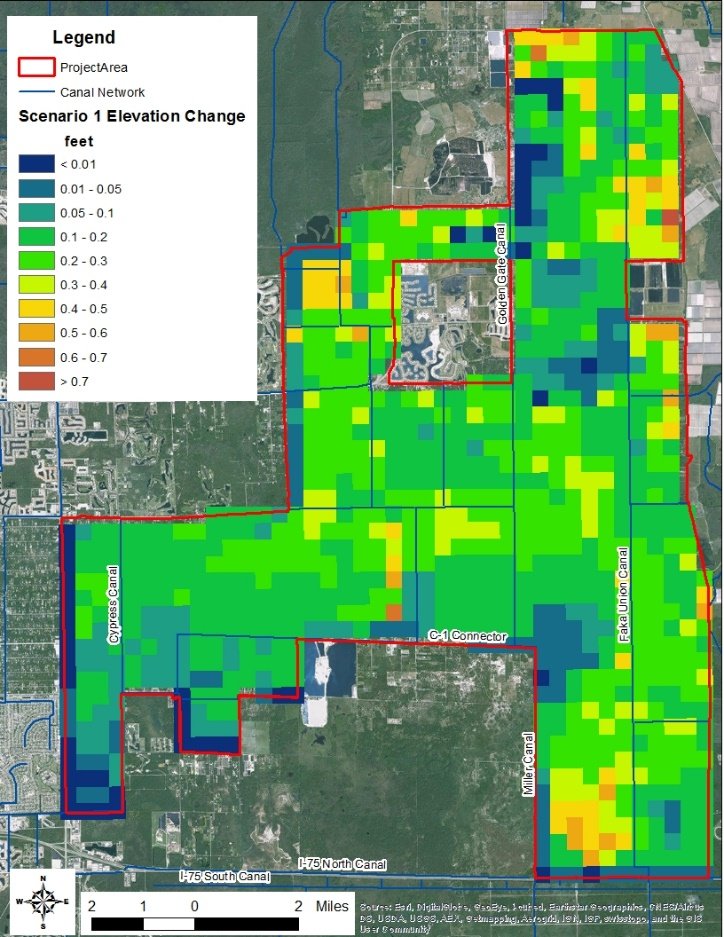 Scenario 1 predicted elevation change across the Golden Gate Estates study area