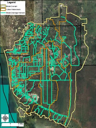 Model domain, Golden Gate watersheds, and model drainage features