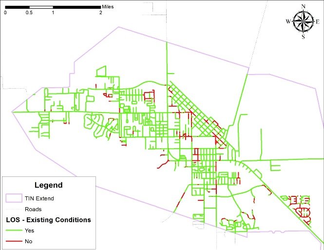 Road Level of Service compliance map, existing conditions