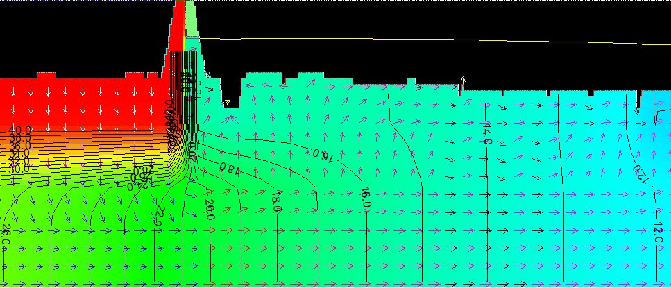 MODFLOW cross section with heads and flow vectors beneath the berm