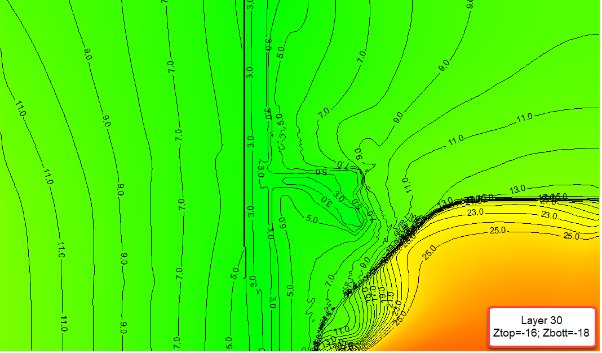 Simulated head contours in model layer 30