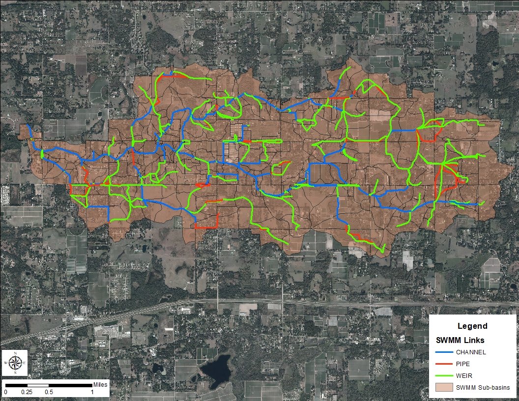 SWMM sub-basins, channels, pipes, and weirs in the Campbell branch area