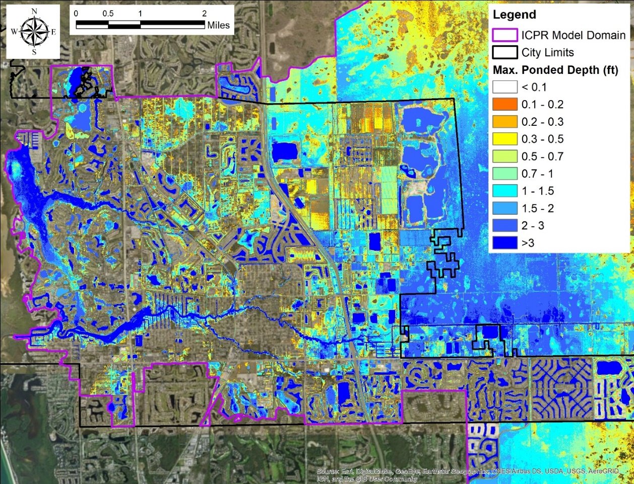 Maximum ponded depth across the Bonita Springs ICPR model domain