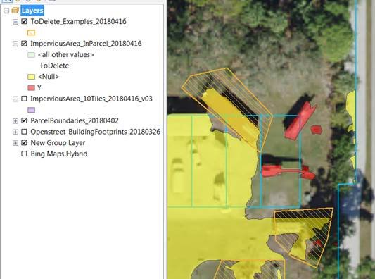 Impervious area review layers over parcels in GIS