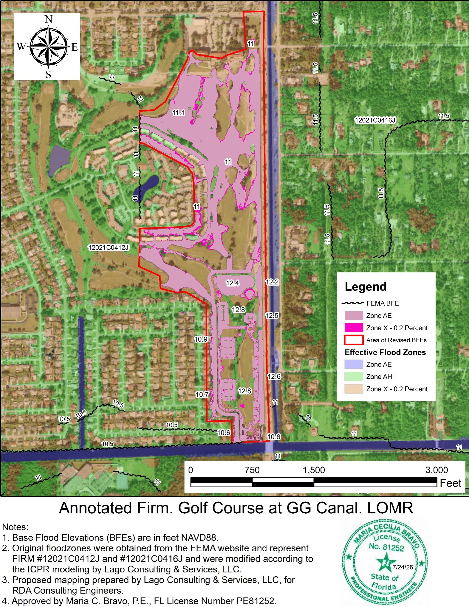 FEMA flood zone map with base flood elevations around a proposed development
