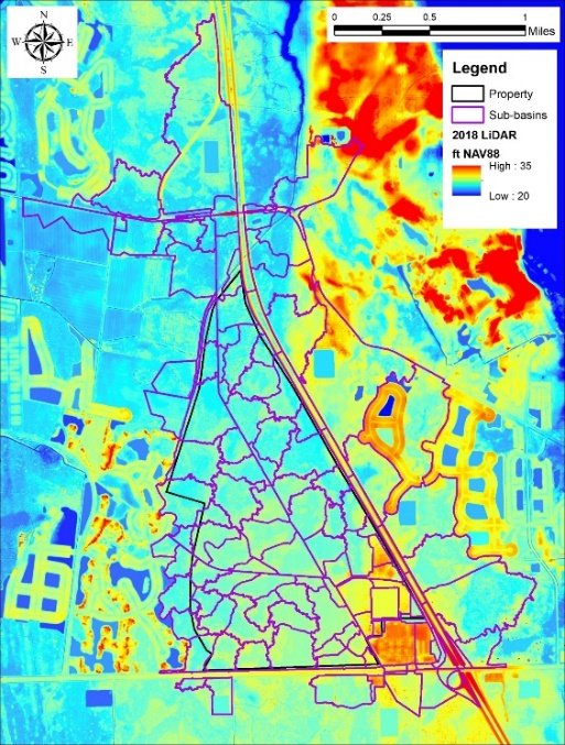 LiDAR elevation, property, and sub-basins around the site