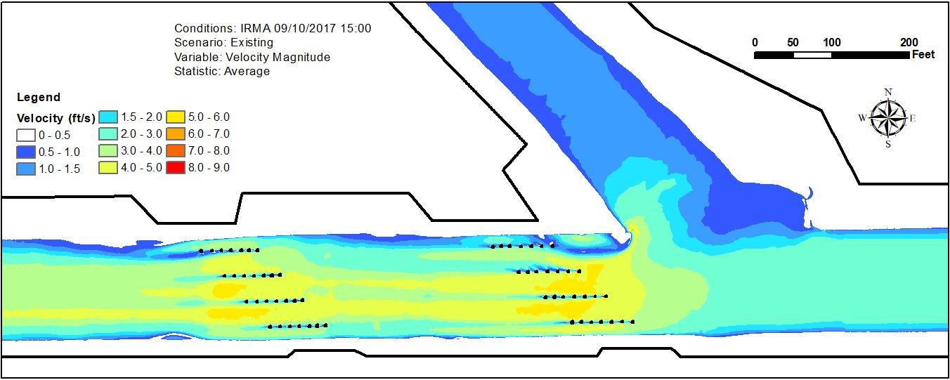 RiverFlow2D velocity magnitude at the canal intersection and bridge piers