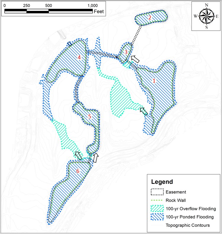 100-year overflow and ponded flooding extents