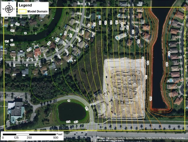 Water table contour lines over the project site