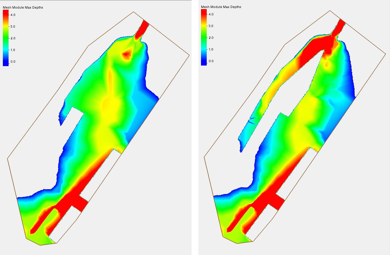 RiverFlow2D maximum water depth maps for two scenarios