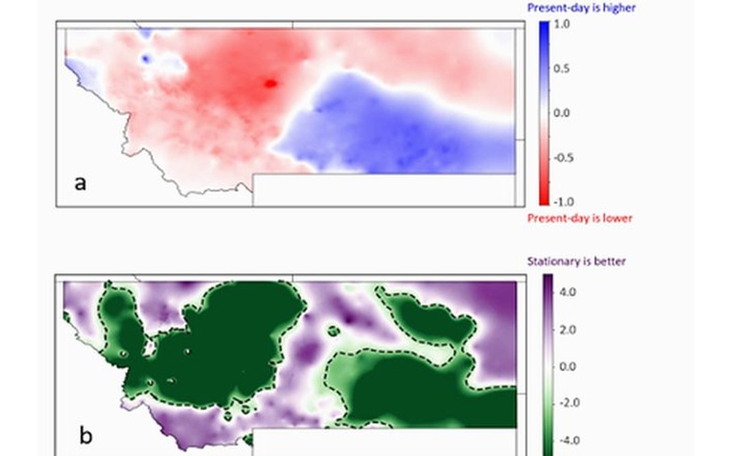 Atlas 15 Montana pilot maps of 24-hour precipitation change and stationary versus nonstationary model performance